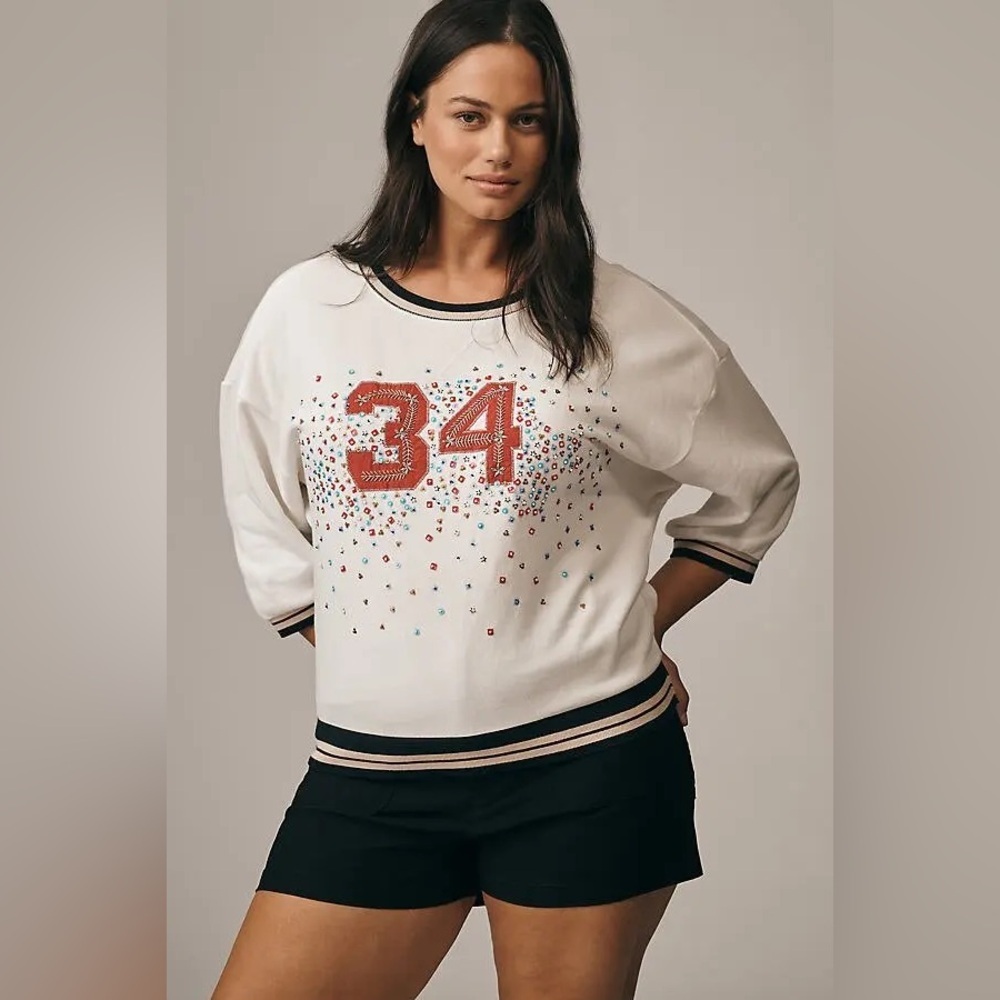 Pilcro Anthropologie Beaded Varsity Crew-Neck Tee, Size L, EUC